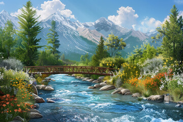 Poster - A beautiful mountain landscape with a bridge over a river