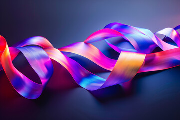 A colorful ribbon is shown in a photo with a blue background