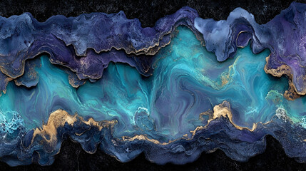 Aufkleber - Colorful abstract artwork featuring swirling blue and gold patterns on a dark background, representing flowing water and fluid motion