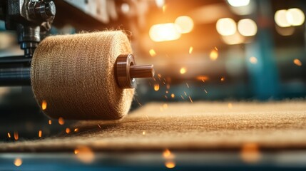 Poster - A brown fabric roll being processed on an industrial machine, with sparks flying from the machinery, creating an intense and dynamic factory atmosphere.
