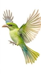 Wall Mural - Green Broadbill Bird Flying on White Background, Photo Realistic, Wallpaper, Cover and Screen for Smartphone, PC, Laptop, 9:16 and 16:9 Format