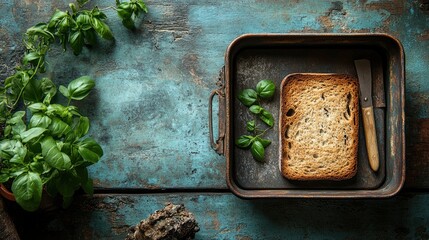 Rustic Toasted Bread with Basil on a Vintage Blue Wooden Background