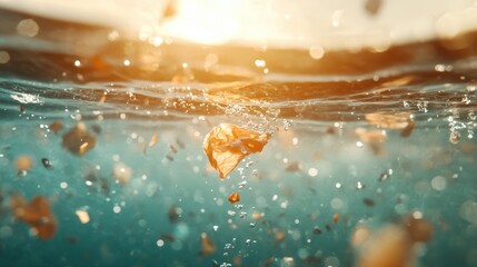 Poster - This image captures the enchanting view of underwater particles illuminated by golden sunlight, creating a magical and serene aquatic atmosphere. It's like a dream.