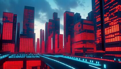 Wall Mural - Neon-lit cityscape pulsating with vibrant energy and dynamic streaks of red light reflecting the fast-paced urban life