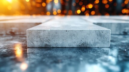 Poster - A close-up of a metallic block on a reflective surface, with golden blurred background sparks emphasizing its sleek and industrial design quality.