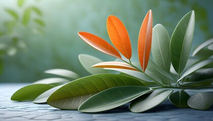 Canvas Print - Intricate Patterns of Vibrant Green and Orange Leaves in an Outdoor Setting