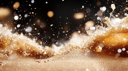 Poster - A mesmerizing display of golden particles exploding in a vivid burst against a dark background, creating an ethereal and dynamic visual experience.