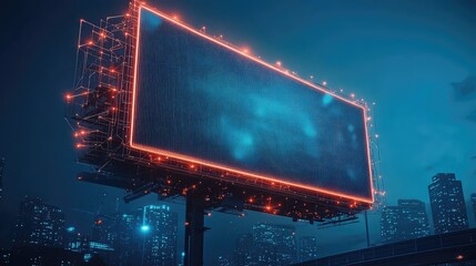 Poster - Abstract Street Poster Billboard with Empty Screen on Dark Blue Technology Background in Low Poly Wireframe Style