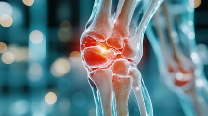 this highly detailed image focuses on the wrist joint, stressing the pain area highlighted in red, e