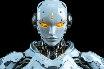 Futuristic white robot with glowing yellow eyes and detailed mechanical design for artificial intelligence, robotics, or science fiction concepts focused on technology and innovation