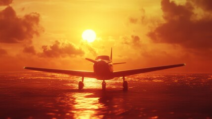 A small airplane is sitting on a body of water with the sunset in the background.