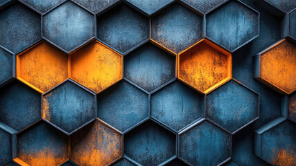 Poster - A modern, abstract background featuring a pattern of 3D hexagons in blue and orange. A blend of industrial and artistic design