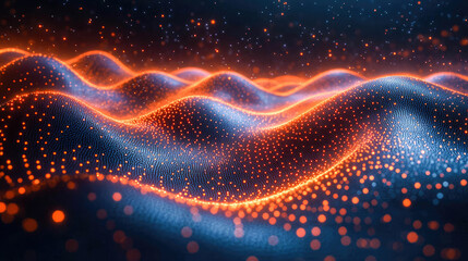Poster - An abstract depiction of a glowing digital energy field in orange and blue, featuring bright particles and flowing lines of light