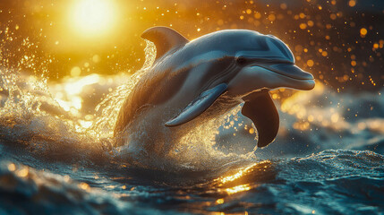 A photorealistic dolphin joyfully swimming through splashing ocean water, capturing the beauty of marine life in motion