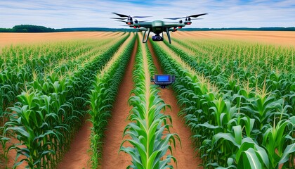 Wall Mural - Innovative Drone Surveillance in Precision Farming and Environmental Monitoring Over Expansive Cornfields