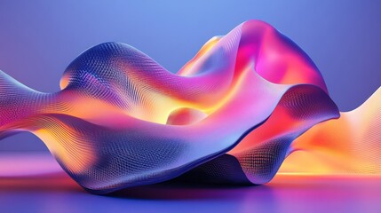 Wall Mural - Abstract 3D rendering of a colorful, wavy, glowing, textured surface on a purple background.