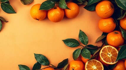 Fresh oranges arranged with green leaves on a warm peach background, showcasing seasonal fruits in vibrant colors