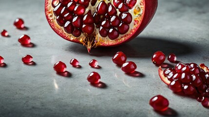 Juicy pomegranate halves and seeds scattered on a gray background showcasing vibrant red color and textures in natural light