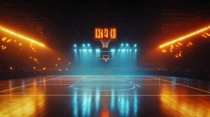 Wall Mural - Empty basketball court with illuminated scoreboard and spotlights, featuring a hardwood floor and white lines.