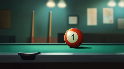 Wall Mural - A single billiard ball, number one, rests on a green felt pool table in a dimly lit room.