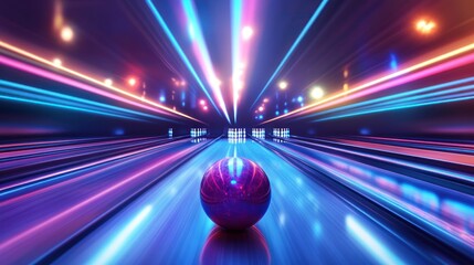 Wall Mural - neon bowling ball on a lane with blurred lights.