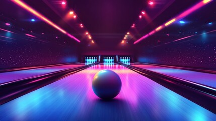 Wall Mural - a single bowling ball sits on a neon lit bowling lane with pins in the distance.