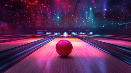 Wall Mural - A single red bowling ball sits on a lane in a brightly lit bowling alley.