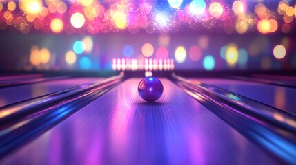 Wall Mural - purple bowling ball on a lane with colorful lights in the background.