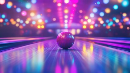 Wall Mural - a bowling ball sits on a wooden lane with purple, pink, and blue lights.