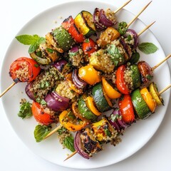 Canvas Print - Colorful vegetable skewers served on a white plate. Freshly grilled and garnished, these skewers offer a healthy and delicious option for meals. Perfect for barbecues and gatherings. AI