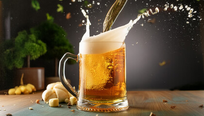 Beer in a glass jar on black gradient restaurant background