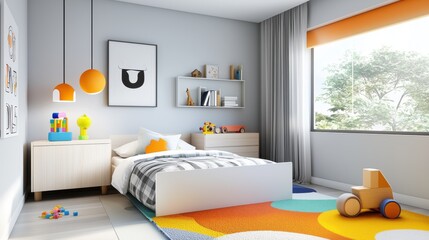 Small kids' bedroom with a single bed, educational toys, and a colorful rug, creating a cheerful and organized space