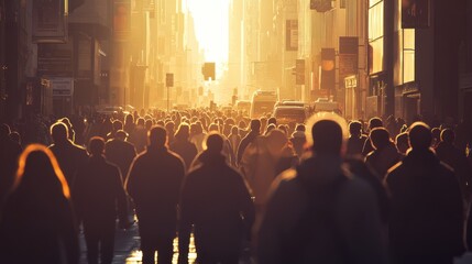 Silhouette of a crowd walking down a busy street in the city at sunset.