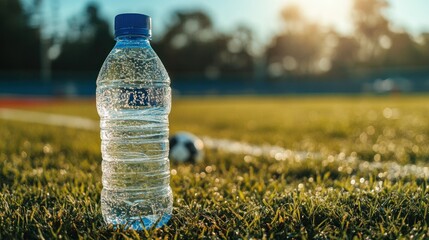 Closeup of a cold water bottle on green grass with blurred background.