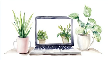 Poster - a laptop surrounded by indoor plants on a simple desk indicating a blend of technology and nature in