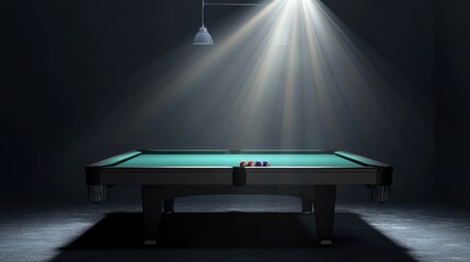 Wall Mural - A pool table with three billiard balls in a dark room with a spotlight shining down on the table.
