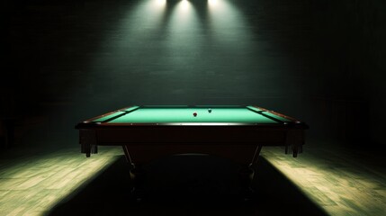 Wall Mural - A green pool table with two balls in the center, illuminated by spotlights.  The table is in a dark room with wooden floors.