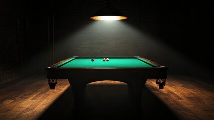 Wall Mural - A lone pool table in a dimly lit room, with two balls on the green felt and a single light overhead casting a beam of light.