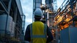 © h4kunA - A worker wearing a hard hat and safety vest stands in front of a large industrial facility, with a blurry background.