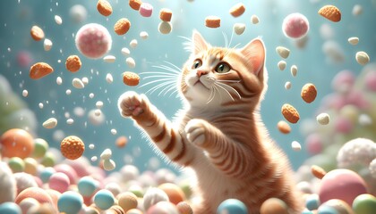 Wall Mural - Playful Cat Chasing Floating Treats in a Whimsical 3D Digital Landscape