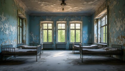 Canvas Print - Haunting Ruins of an Abandoned Asylum with Broken Windows and Peeling Paint on a Towns Outskirts