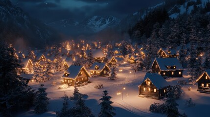 Poster - Snowy village at night with cozy cottages lit by warm lights