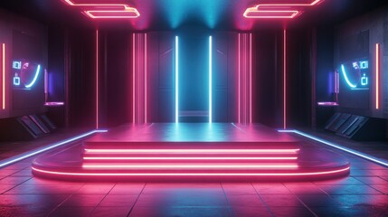 Wall Mural - Futuristic neon glowing room with stage.