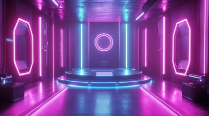Canvas Print - Futuristic neon lit room with circular stage.