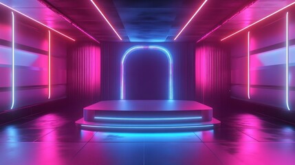 Canvas Print - Futuristic neon platform with an arched glow in a dark room.