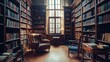 © MP_Artworks - A quiet library located in an old building, featuring towering bookshelves, soft lighting, and comfortable chairs. This serene space invites relaxation and exploration of literary treasures