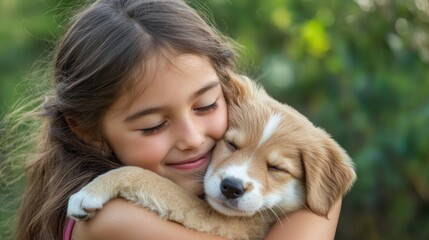 Wall Mural - Little girl hugging a puppy with closed eyes.