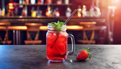 Mocktail in a glass jar on black gradient restaurant background