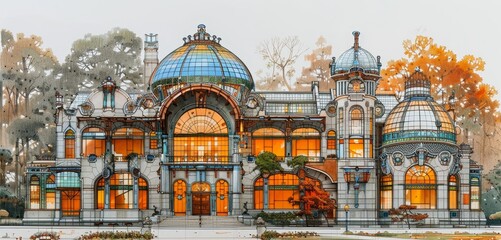 A grand architectural marvel blending classical and modern design, with intricate glass domes and ornate detailing. Surrounded by vibrant autumn foliage, this structure stands as a gateway to elegance