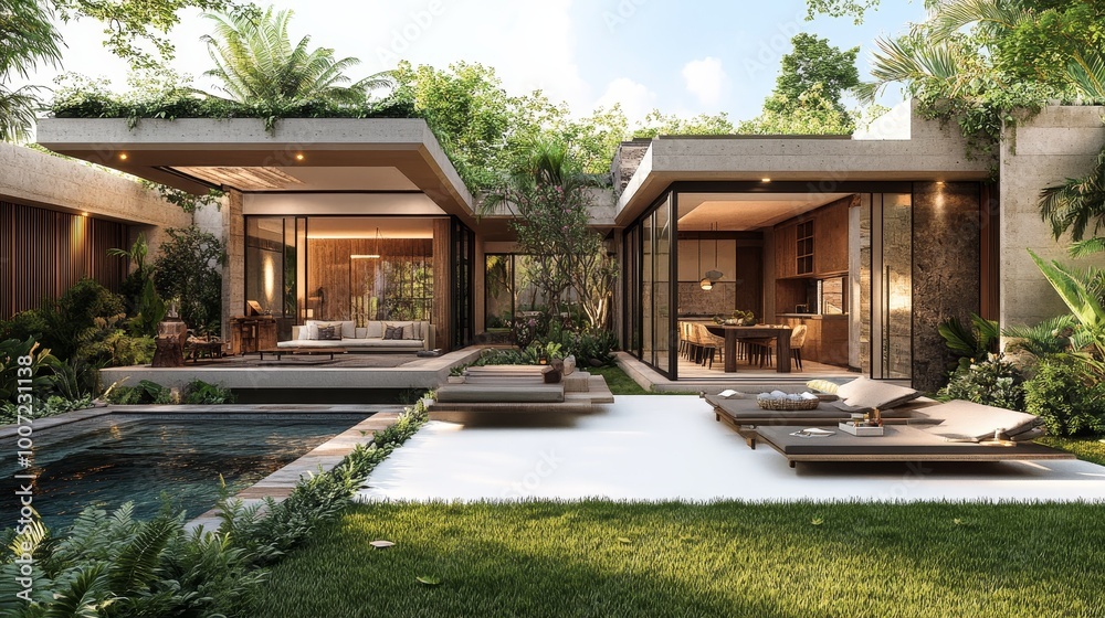 Interior sketch of a modern tropical Bali house, featuring a garden and ...